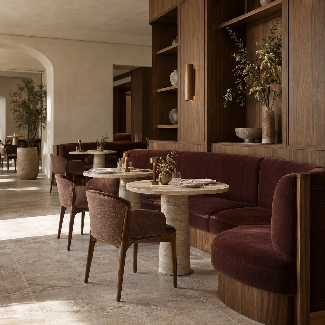 Concept di hospitality generato con AI: arredi su misura in legno, pietra e tessuto