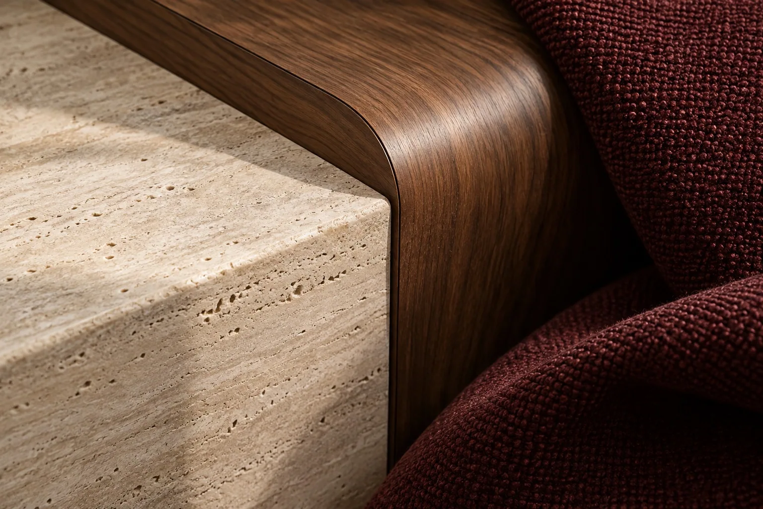 Concept materico: legno, travertino e tessuto bordeaux